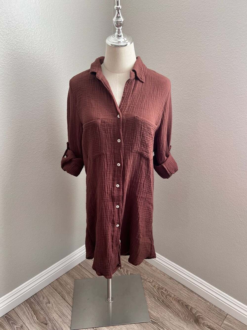 4OUR DREAMERS Women's 100 % Cotton Gauze Button-Down Shirt Dress in Brown